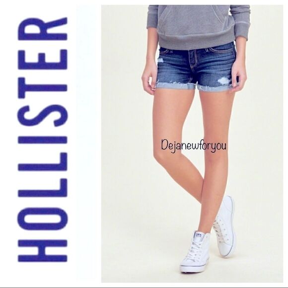 HOLLISTER DISTRESSED MIDI JEAN SHORTS - Picture 1 of 4